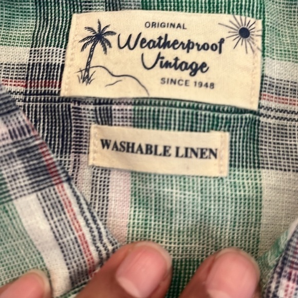 Weatherproof Vintage Mens Short Sleeve Linen Shirt Large Green/Navy Plaid - Picture 5 of 8